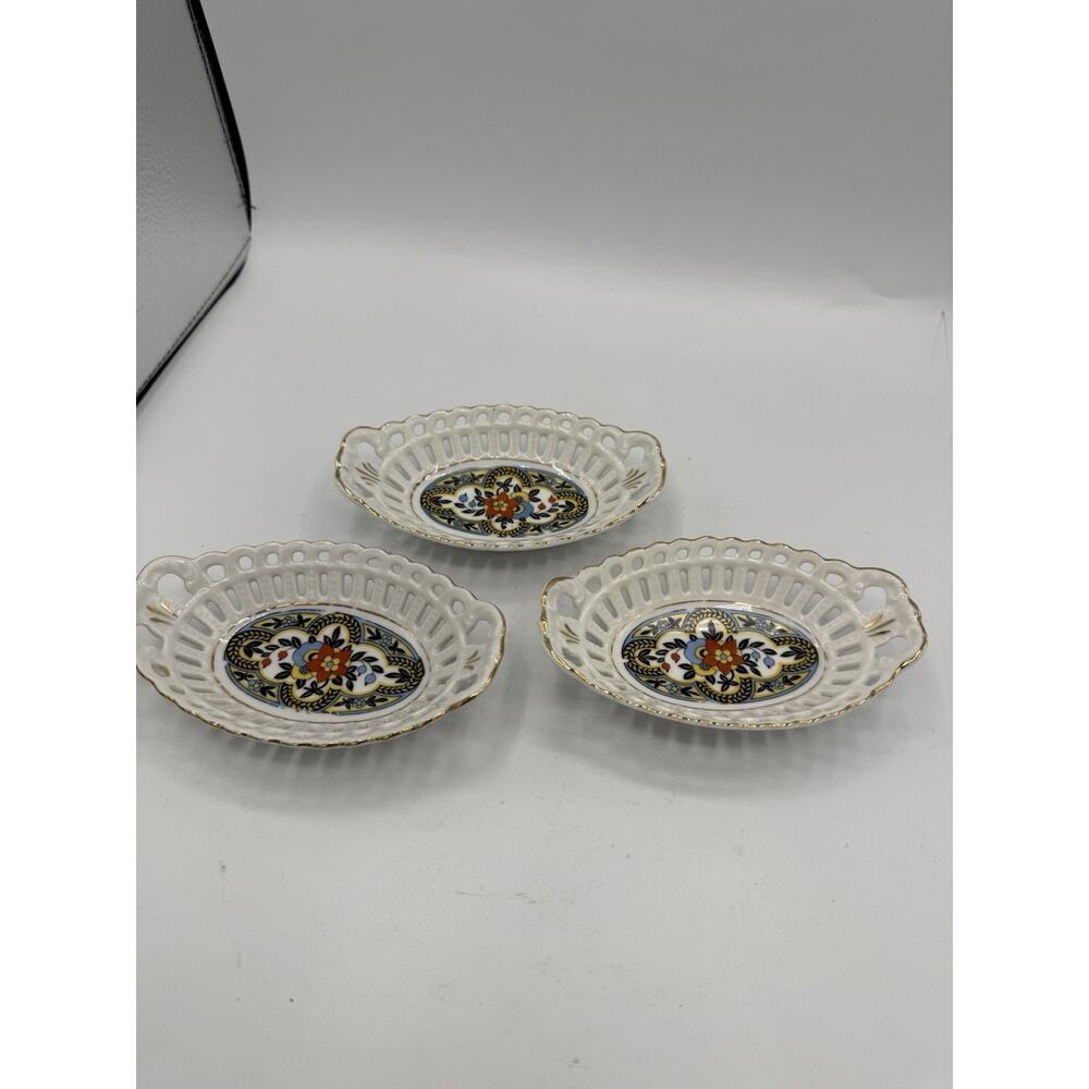 Porcelain Basket Weave Trinket Dish Made in Germany Vintage Set Of 3
